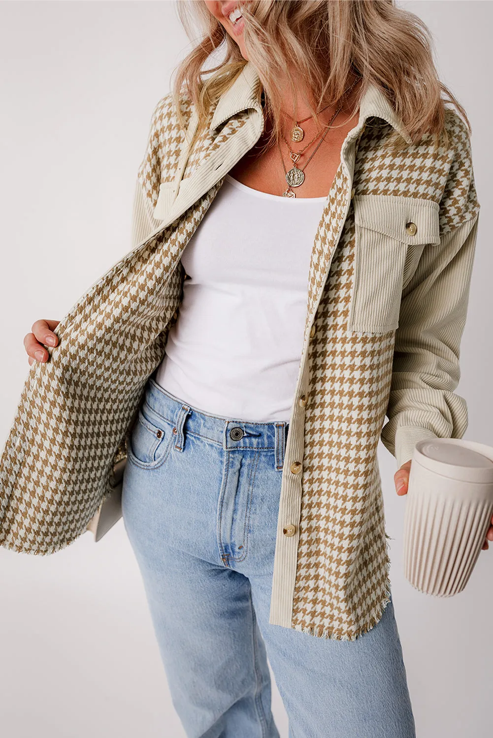 Button-Down Corduroy Jacket with Houndstooth Pattern