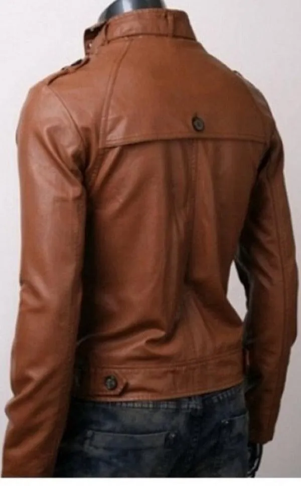 Button Pocket Slim Fit Rider Brown Leather Jacket