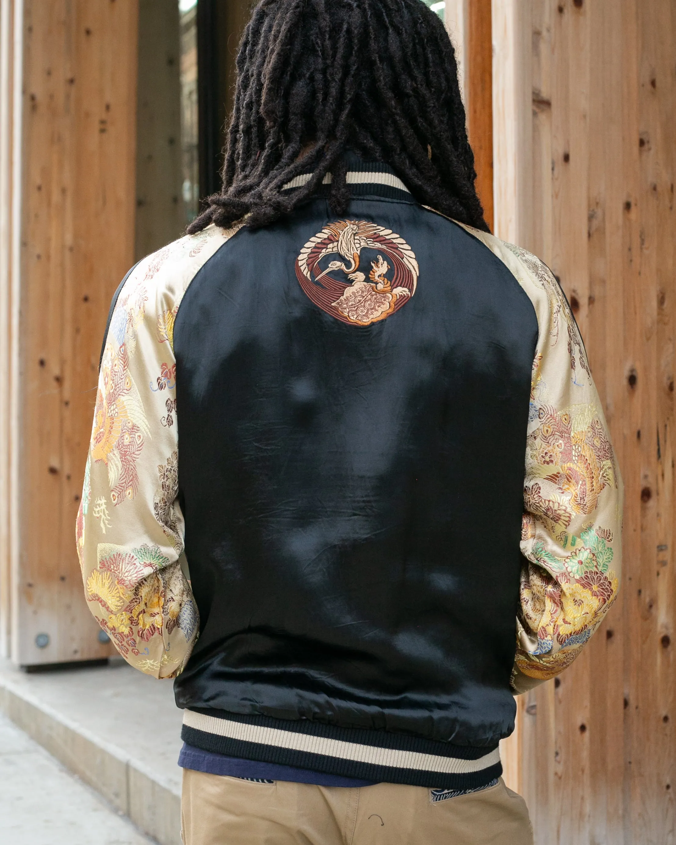 Japanese Repro Souvenir Jacket, Reversible, Black and Gold, Crest and Peacock