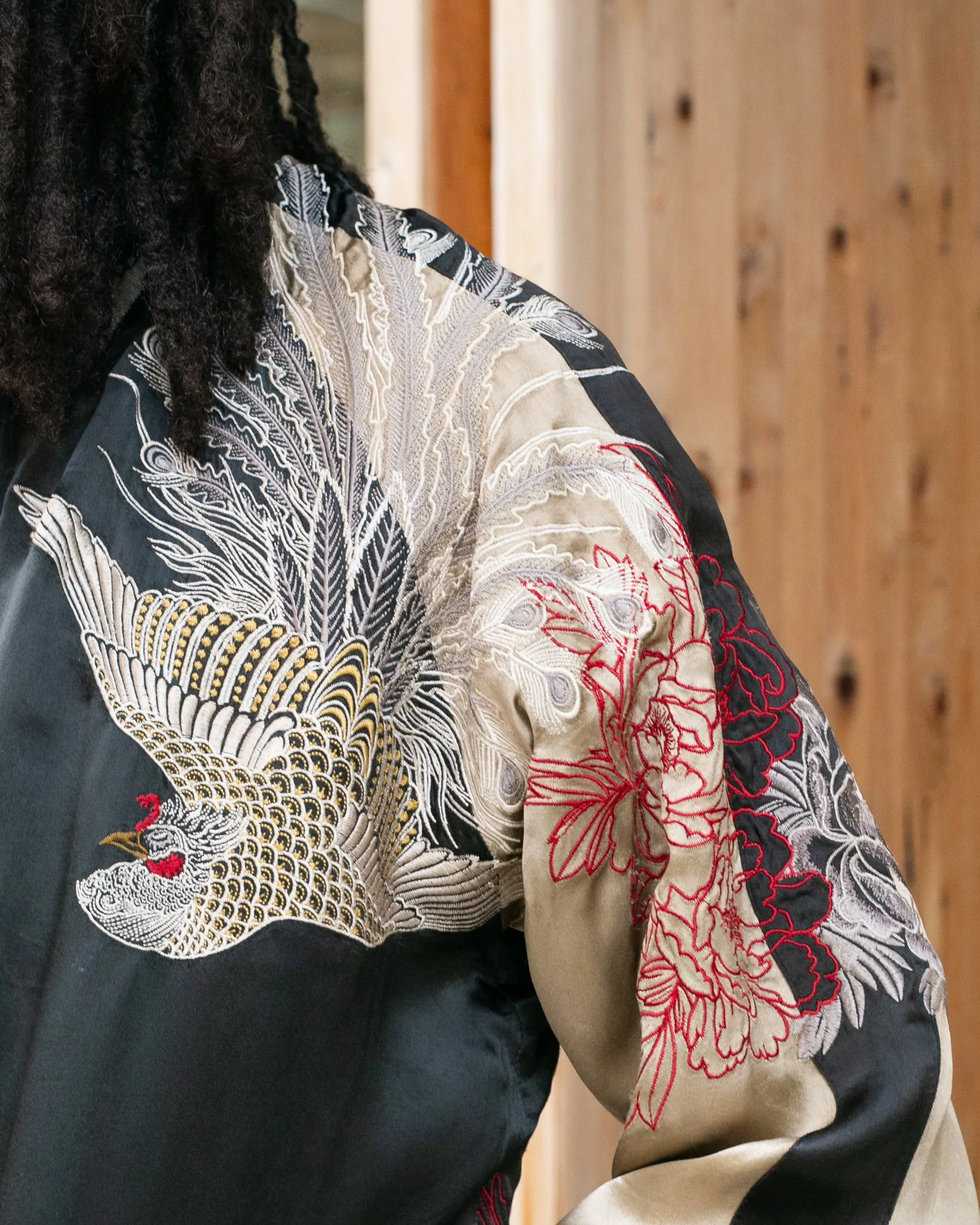 Japanese Repro Souvenir Jacket, Reversible, Black and Gold, Crest and Peacock