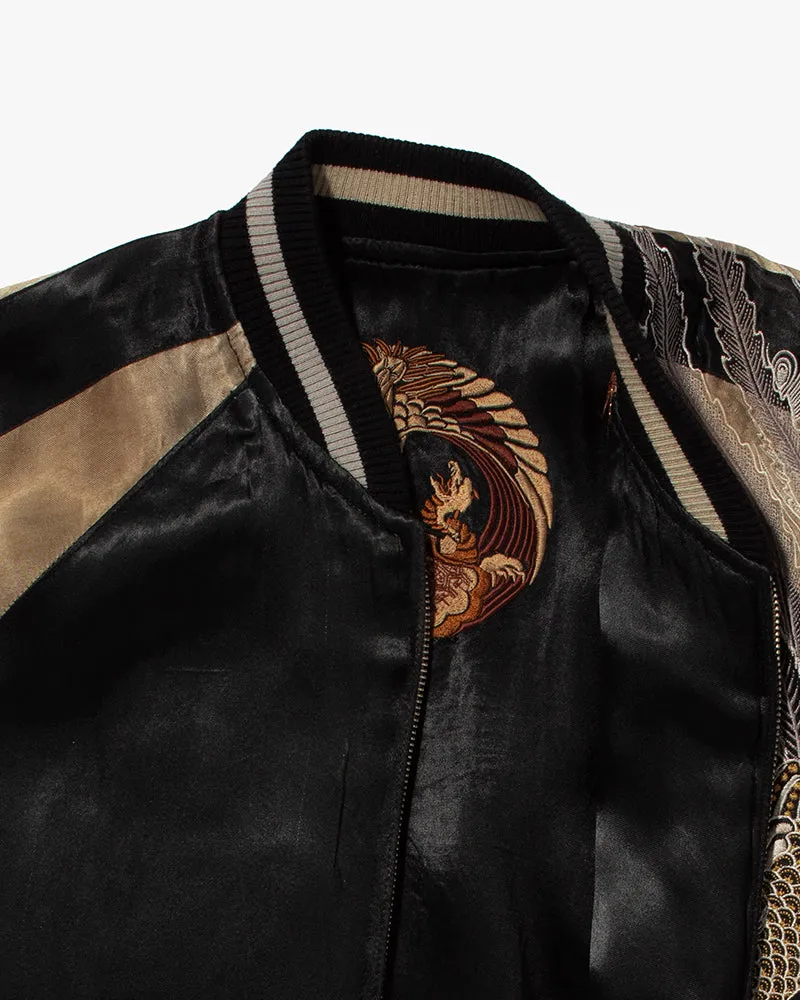 Japanese Repro Souvenir Jacket, Reversible, Black and Gold, Crest and Peacock