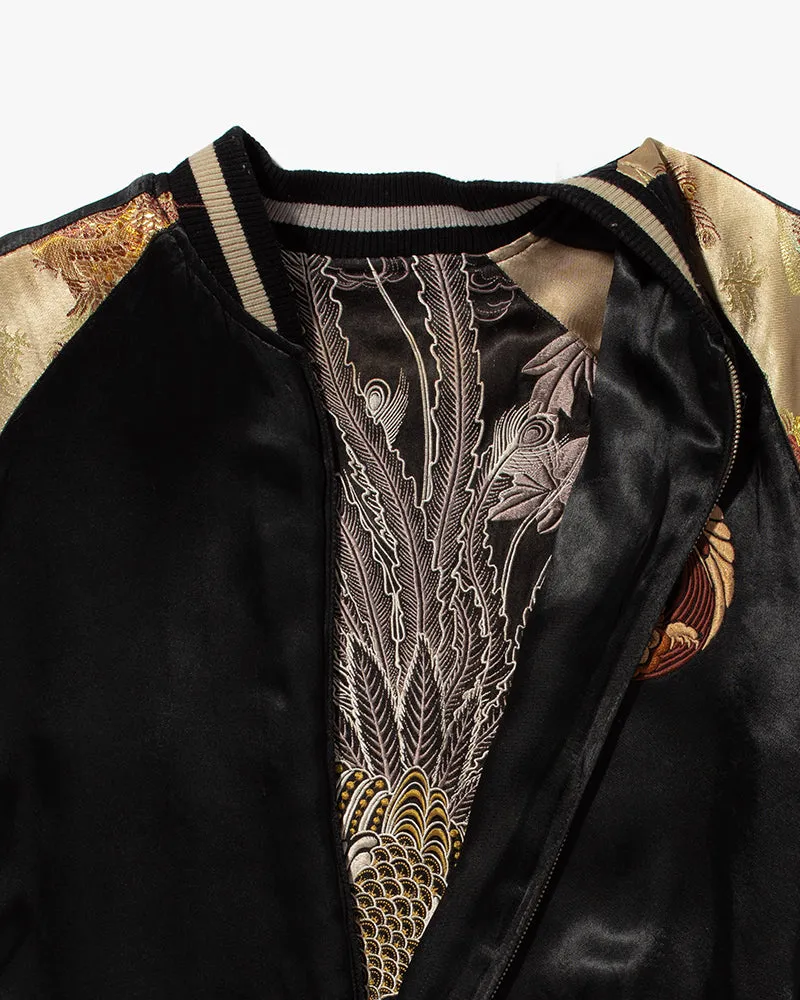 Japanese Repro Souvenir Jacket, Reversible, Black and Gold, Crest and Peacock