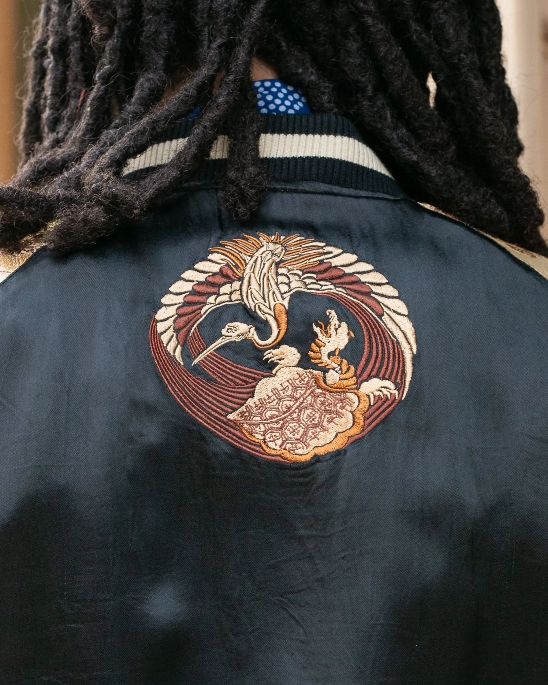 Japanese Repro Souvenir Jacket, Reversible, Black and Gold, Crest and Peacock