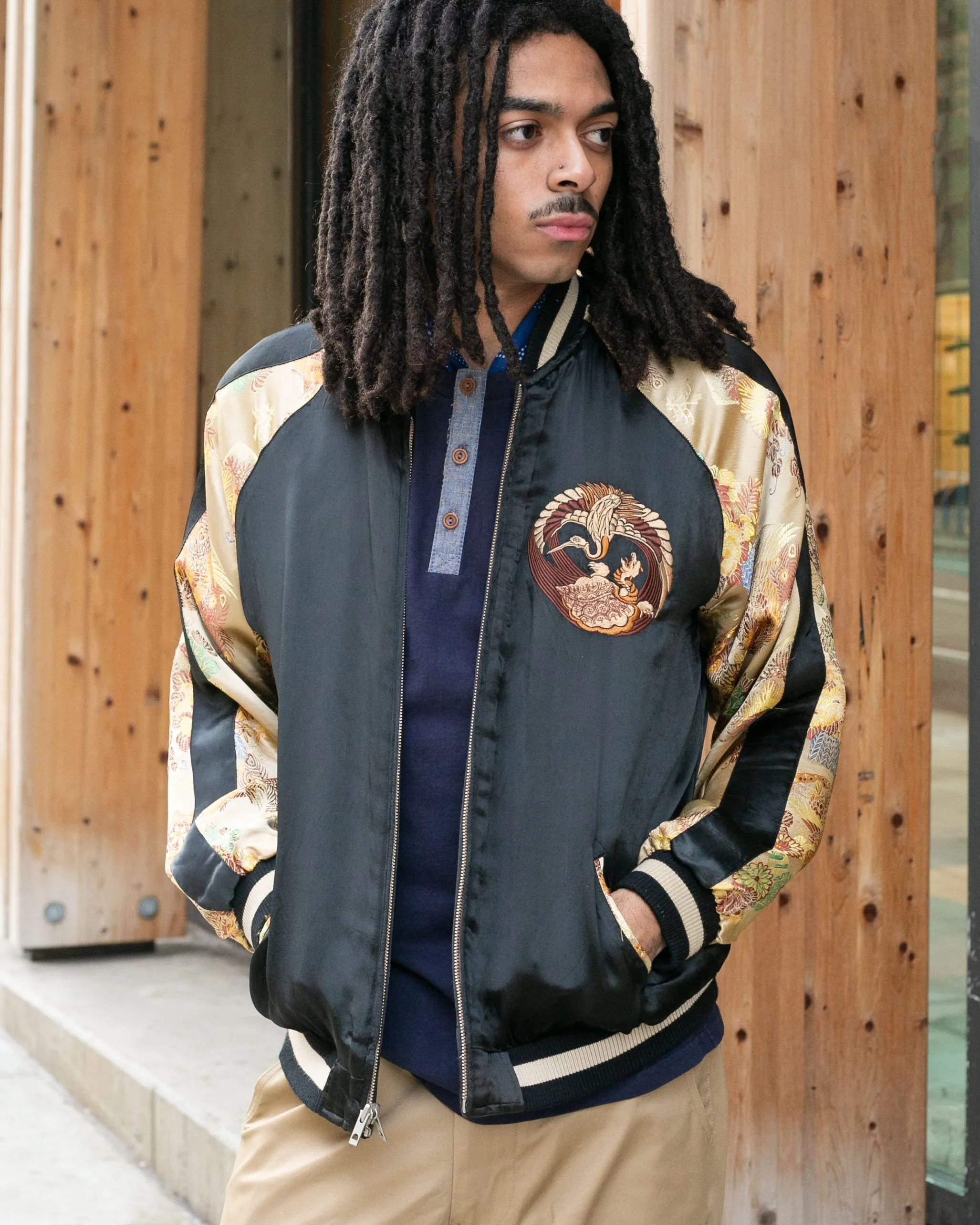 Japanese Repro Souvenir Jacket, Reversible, Black and Gold, Crest and Peacock