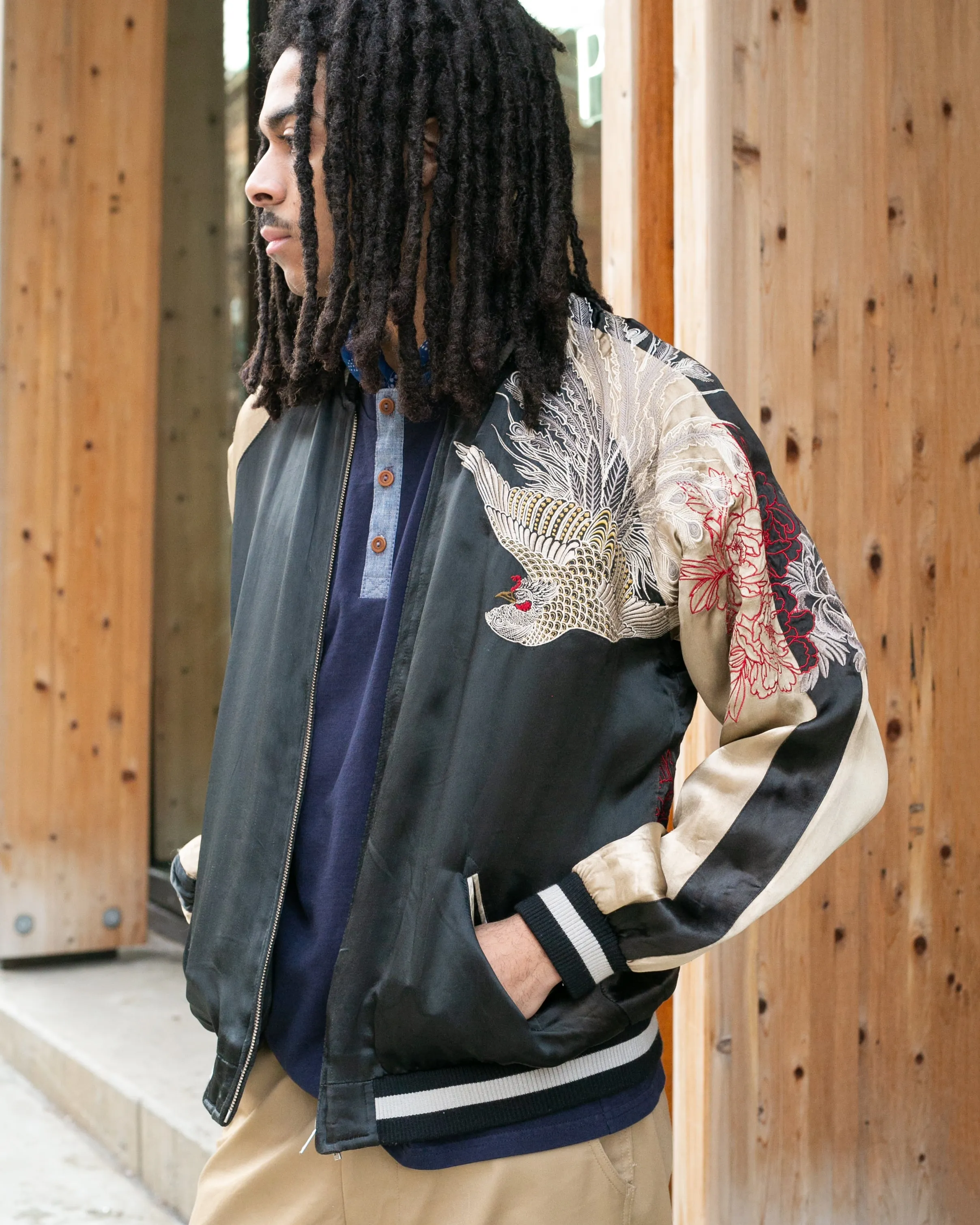 Japanese Repro Souvenir Jacket, Reversible, Black and Gold, Crest and Peacock