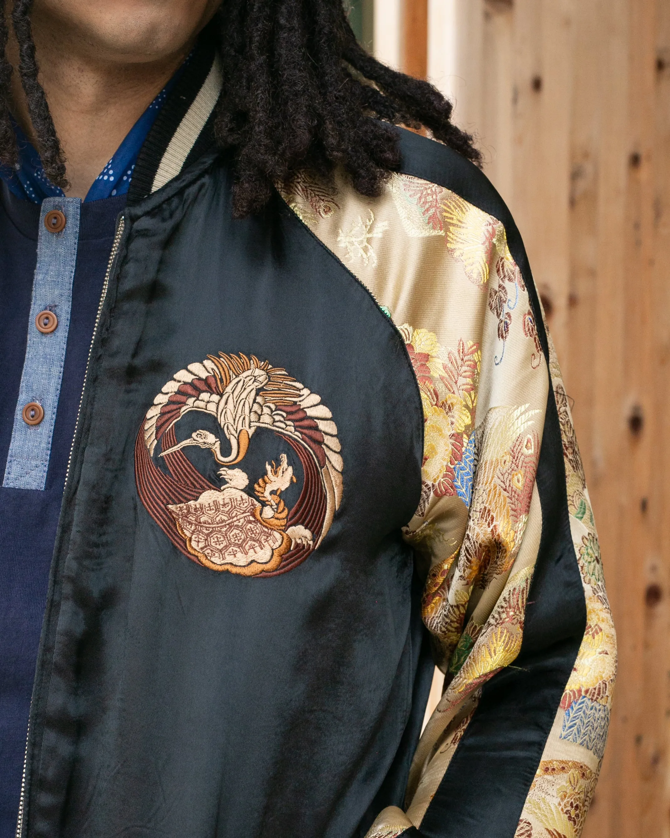 Japanese Repro Souvenir Jacket, Reversible, Black and Gold, Crest and Peacock