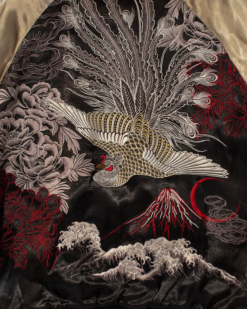 Japanese Repro Souvenir Jacket, Reversible, Black and Gold, Crest and Peacock