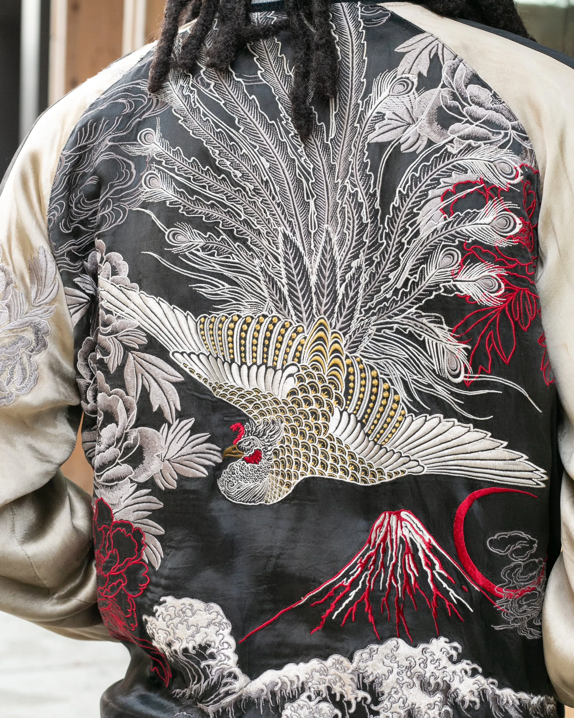 Japanese Repro Souvenir Jacket, Reversible, Black and Gold, Crest and Peacock