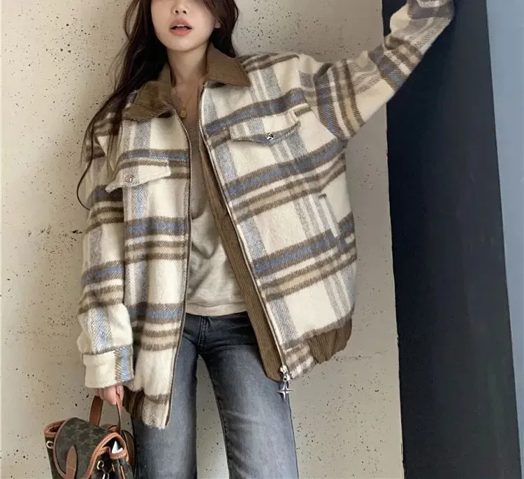Plaid Turn-down Collar Loose Zipper Jacket