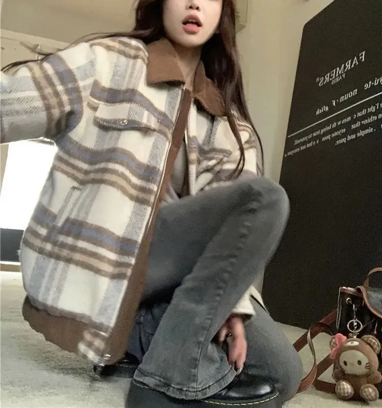Plaid Turn-down Collar Loose Zipper Jacket