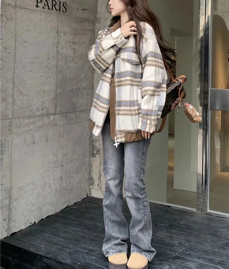 Plaid Turn-down Collar Loose Zipper Jacket