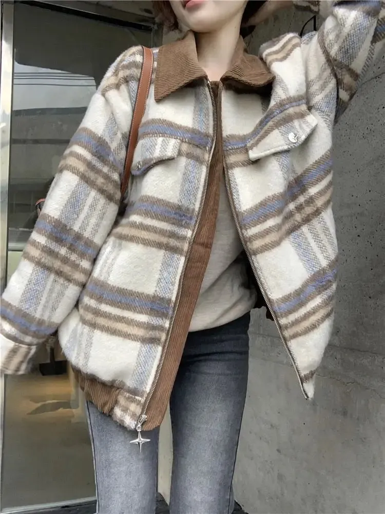 Plaid Turn-down Collar Loose Zipper Jacket