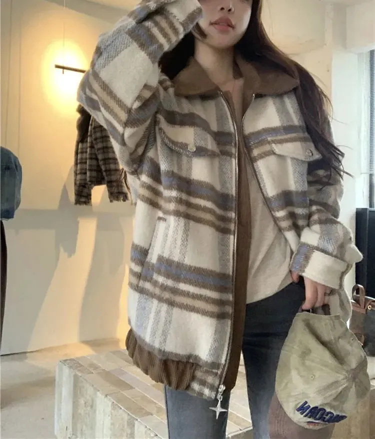 Plaid Turn-down Collar Loose Zipper Jacket