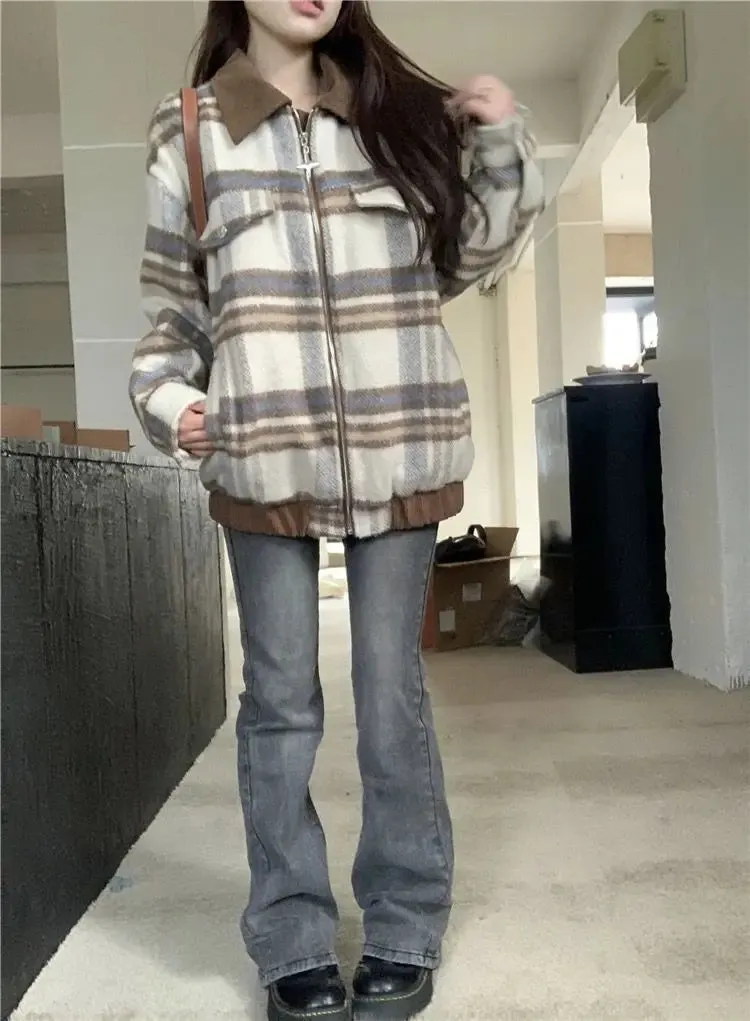 Plaid Turn-down Collar Loose Zipper Jacket