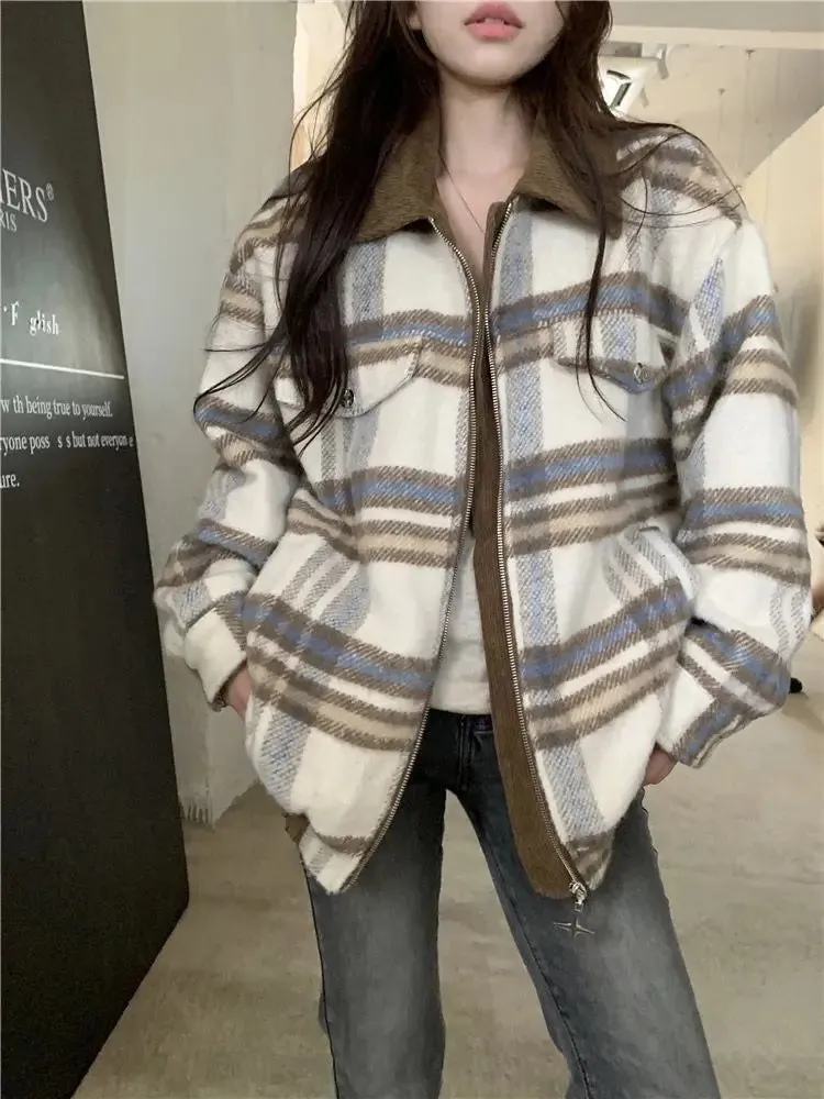 Plaid Turn-down Collar Loose Zipper Jacket