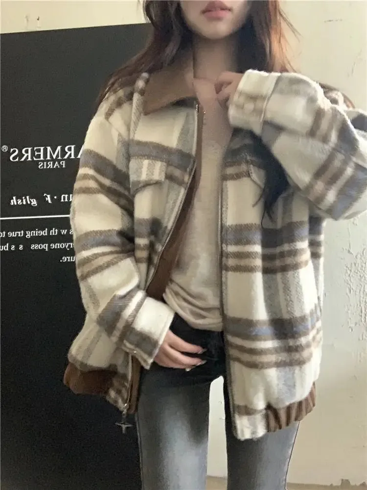 Plaid Turn-down Collar Loose Zipper Jacket