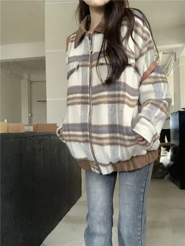 Plaid Turn-down Collar Loose Zipper Jacket