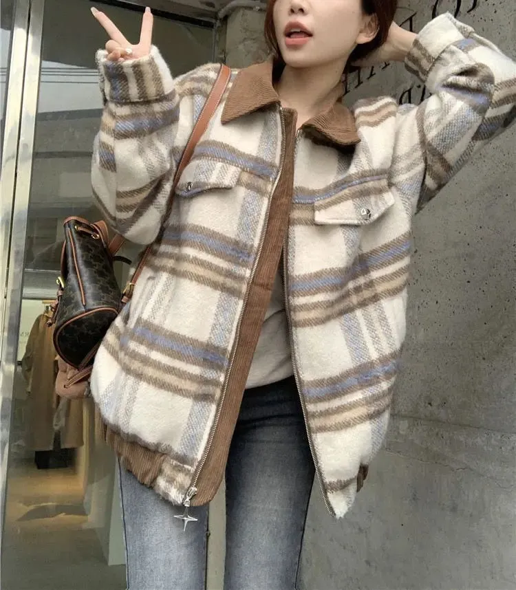Plaid Turn-down Collar Loose Zipper Jacket