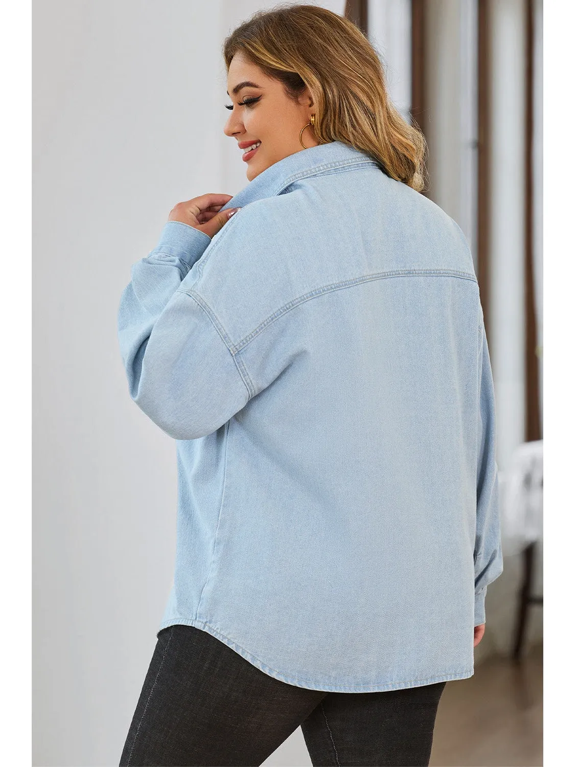 Plus Size Snap Down Pocketed Denim Jacket