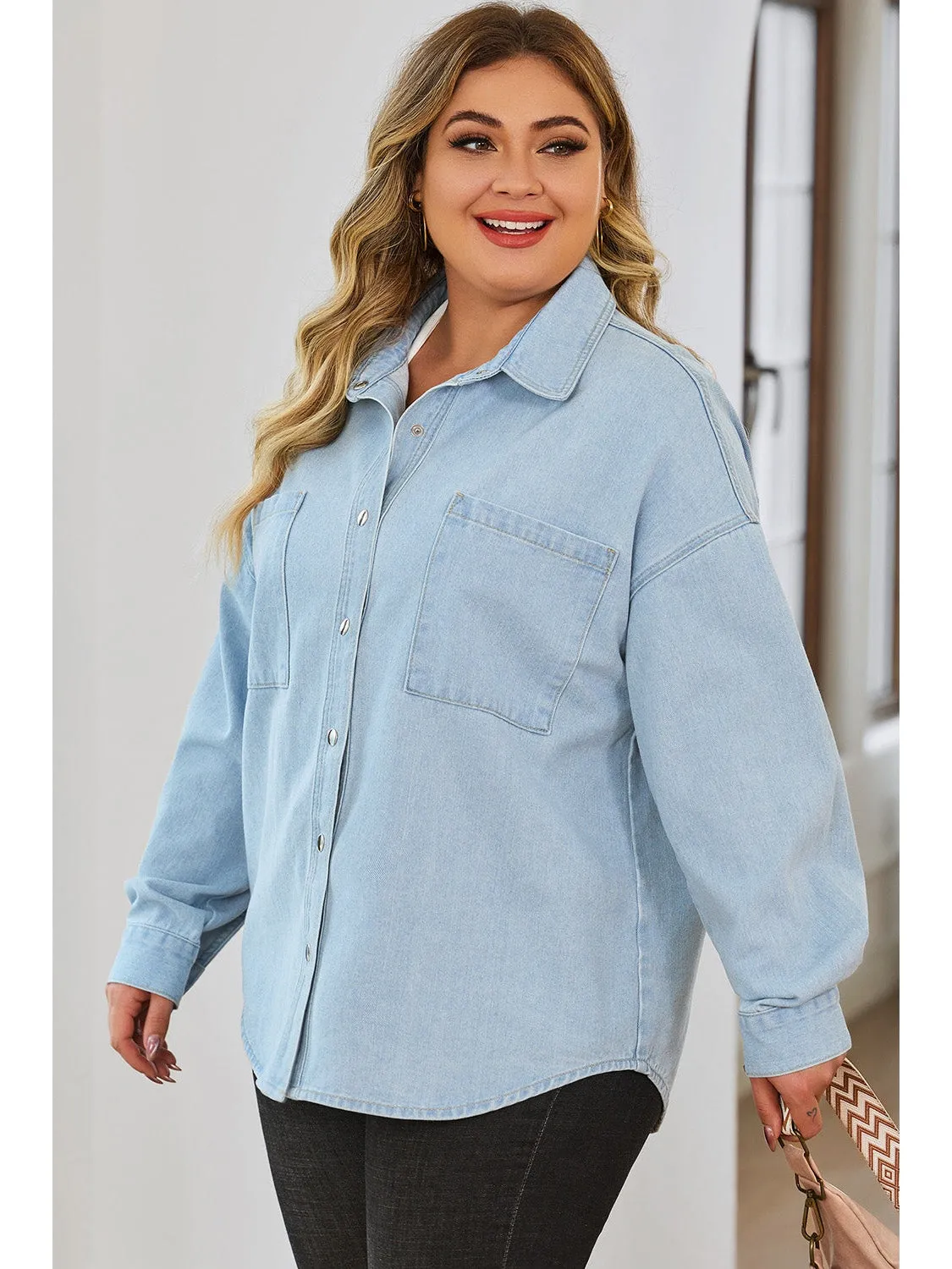 Plus Size Snap Down Pocketed Denim Jacket