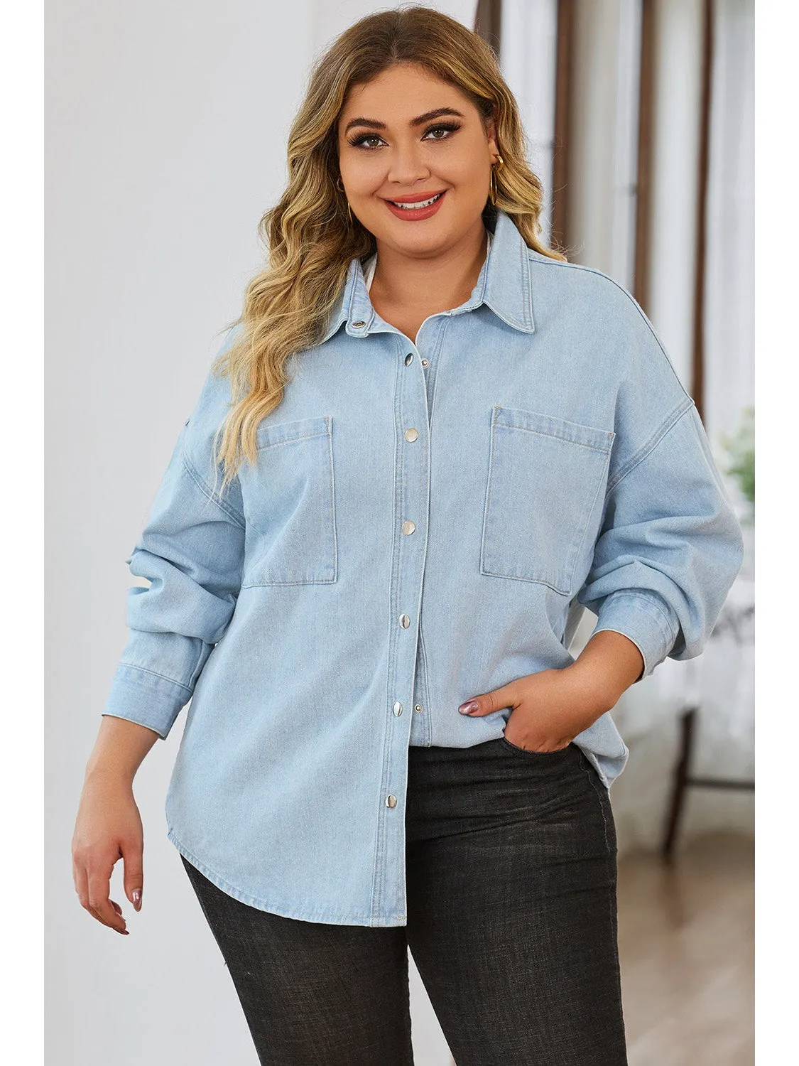 Plus Size Snap Down Pocketed Denim Jacket