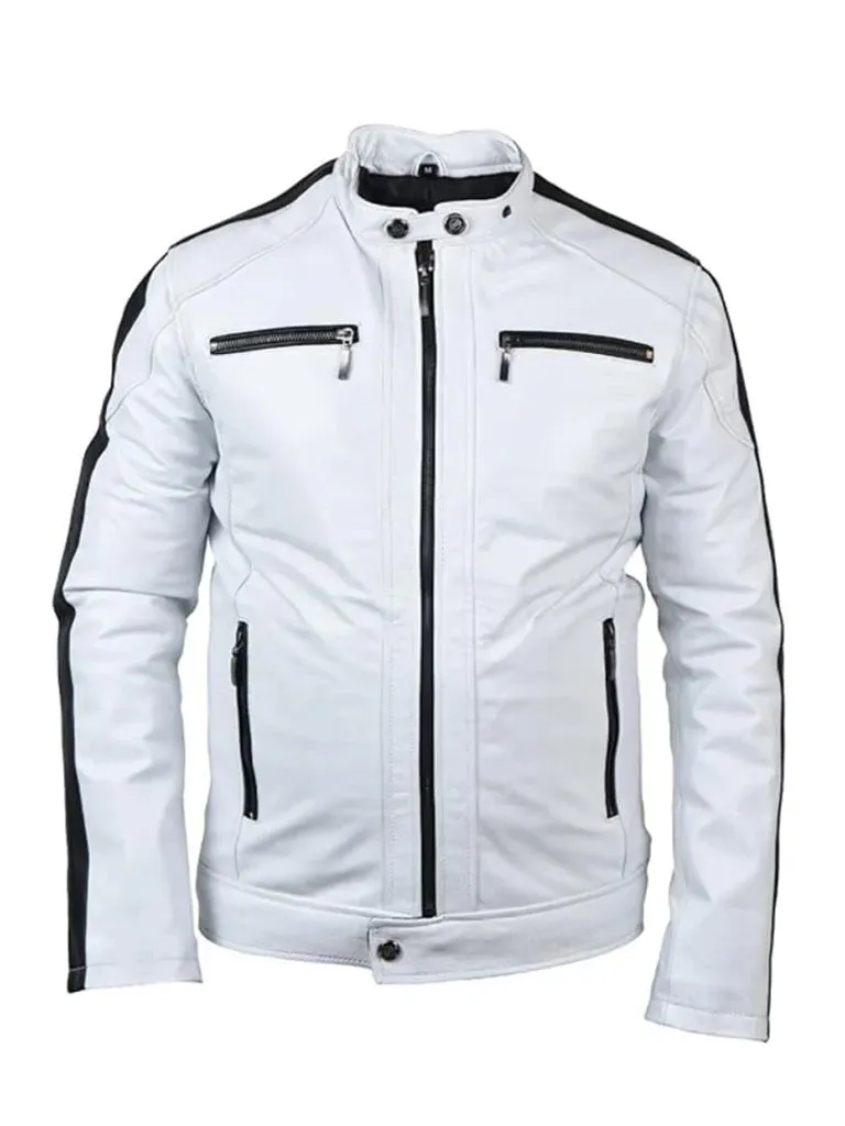 White Sleeve Stripes Biker Leather Jacket