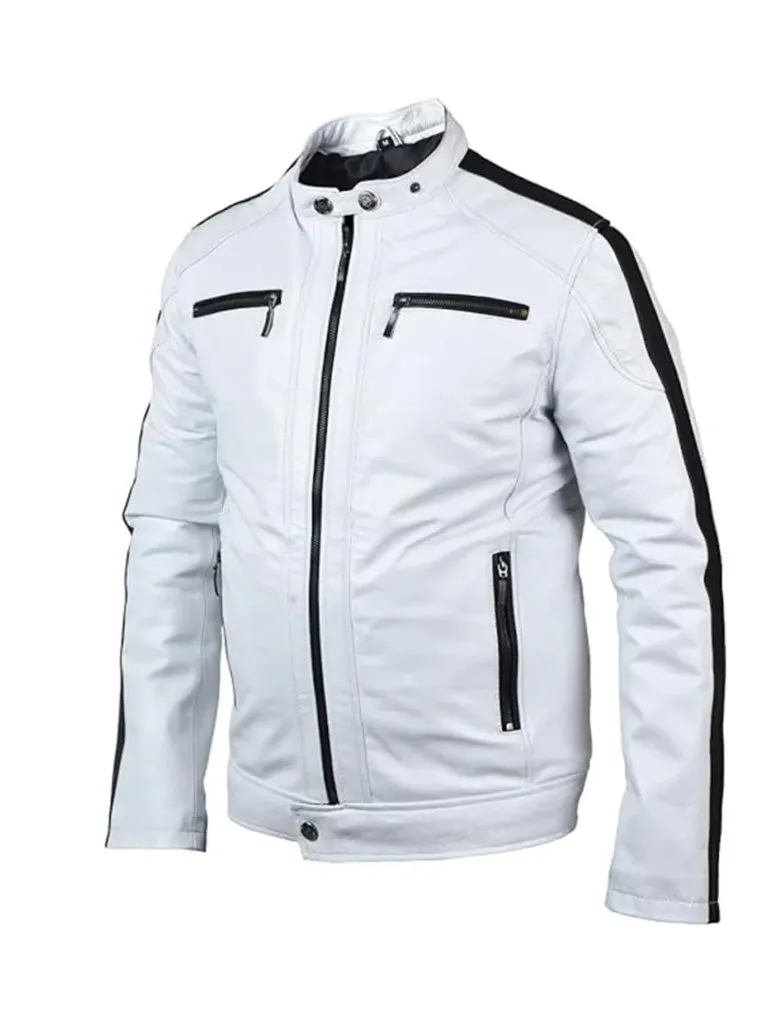 White Sleeve Stripes Biker Leather Jacket
