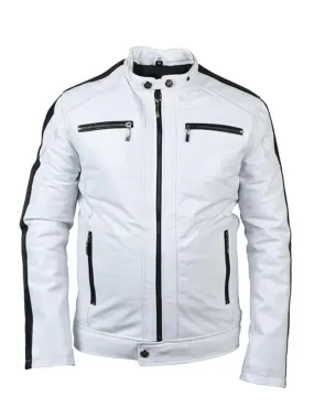 White Sleeve Stripes Biker Leather Jacket